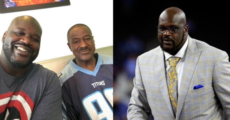 Shaquille O'Neal in a suit and with his father Joseph Toney