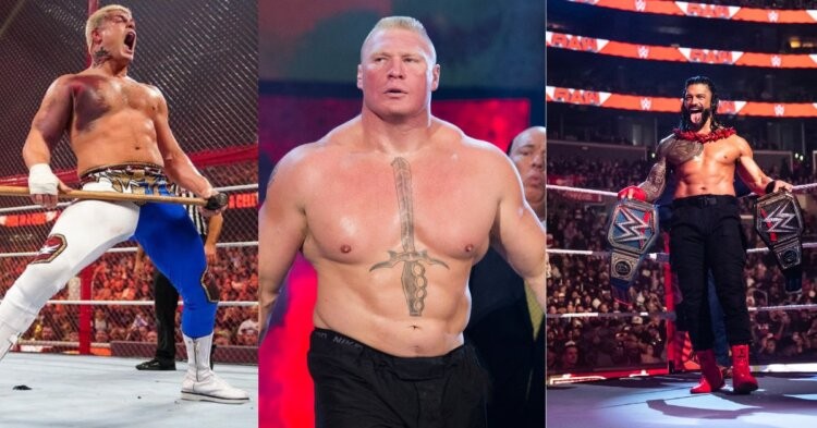 Cody Rhodes (left) Brock Lesnar (middle) Roman Reigns (right) after WWE Draft 2023