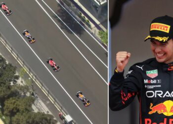 Sergio Perez leading the pack during the Safety Car restart (left) Checo Perez celebrating on the podium after winning the Azerbaijan Grand Prix (Right) (Credits: F1 via Youtube, News 18)