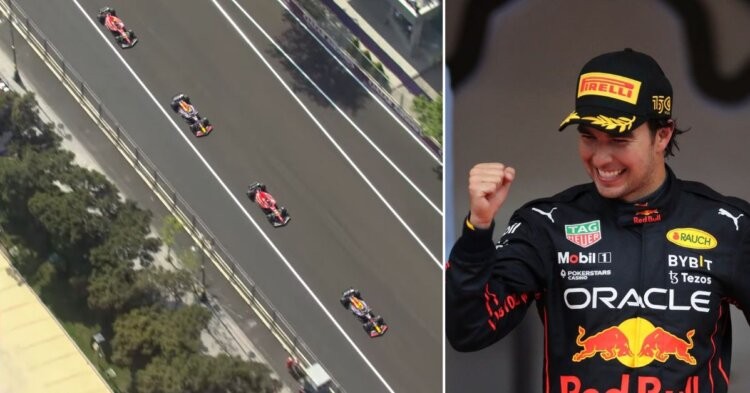 Sergio Perez leading the pack during the Safety Car restart (left) Checo Perez celebrating on the podium after winning the Azerbaijan Grand Prix (Right) (Credits: F1 via Youtube, News 18)