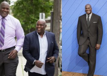 Shaquille O'Neal in a suit and with his uncle Mike Parris