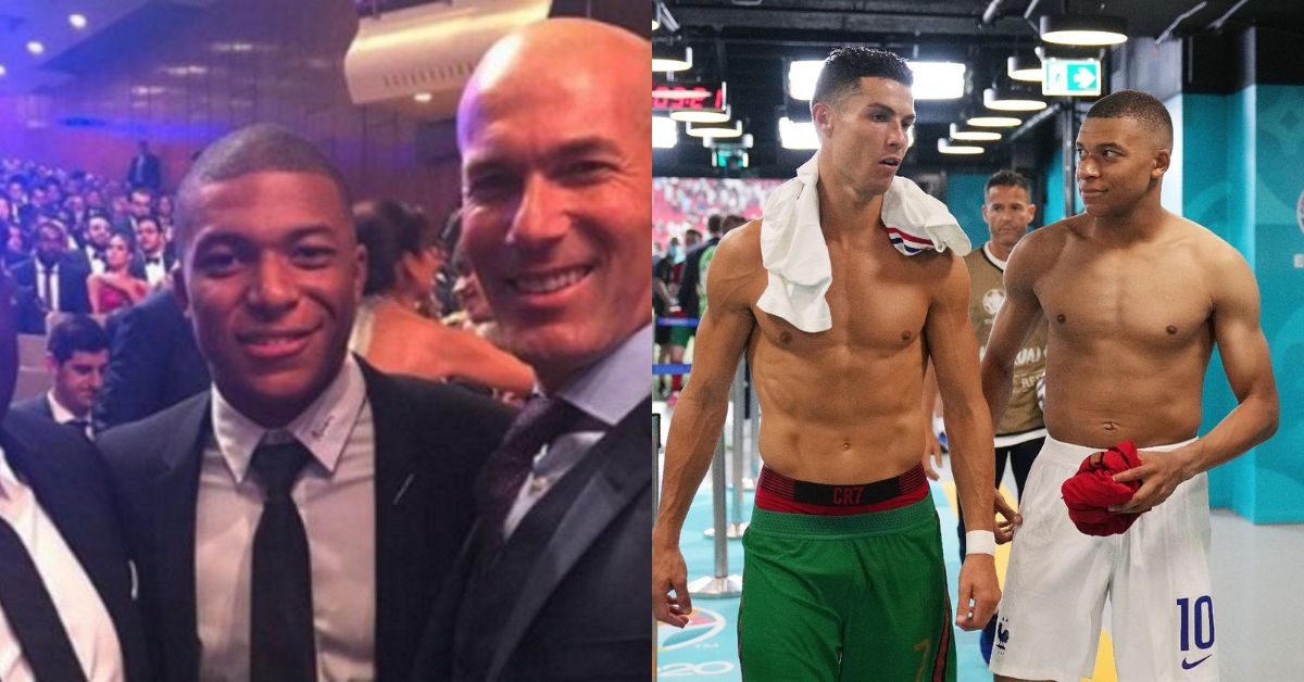 Kylian Mbappe with Zinedine Zidane (left) Kylian Mbappe with Cristiano Ronaldo (right) (credits- Twitter)