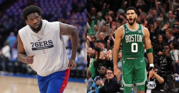Philadelphia 76ers' Joel Embiid and Boston Celtics' Jayson Tatum on the court