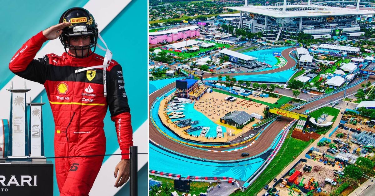 Carlos Sainz wearing his podium helmet at the 2022 Miami Grand Prix (left) The Miami Grand Prix Track (right) (Credits: F1i, The Times)