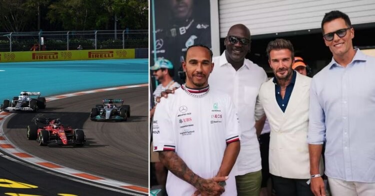 The cars on the Miami Circuit (left) The GOATs of various sport with (from the left most) Lewis Hamilton, Michael Jordan, David Beckham, and Tom Brady in attendance for the Miami Grand Prix in 2022 (Credits: Evening Standard, Motorsport )