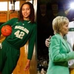 Brittney Griner posing for the Baylor Bears (left) & Kim Mulkey talking to Brittney Griner after a game (right) (Credits: SI Kids, ESPN)