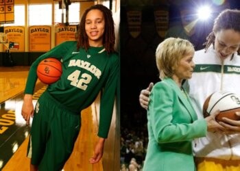 Brittney Griner posing for the Baylor Bears (left) & Kim Mulkey talking to Brittney Griner after a game (right) (Credits: SI Kids, ESPN)