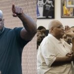 Shaquille O'Neal pointing in the air and with his father Philip Harrison