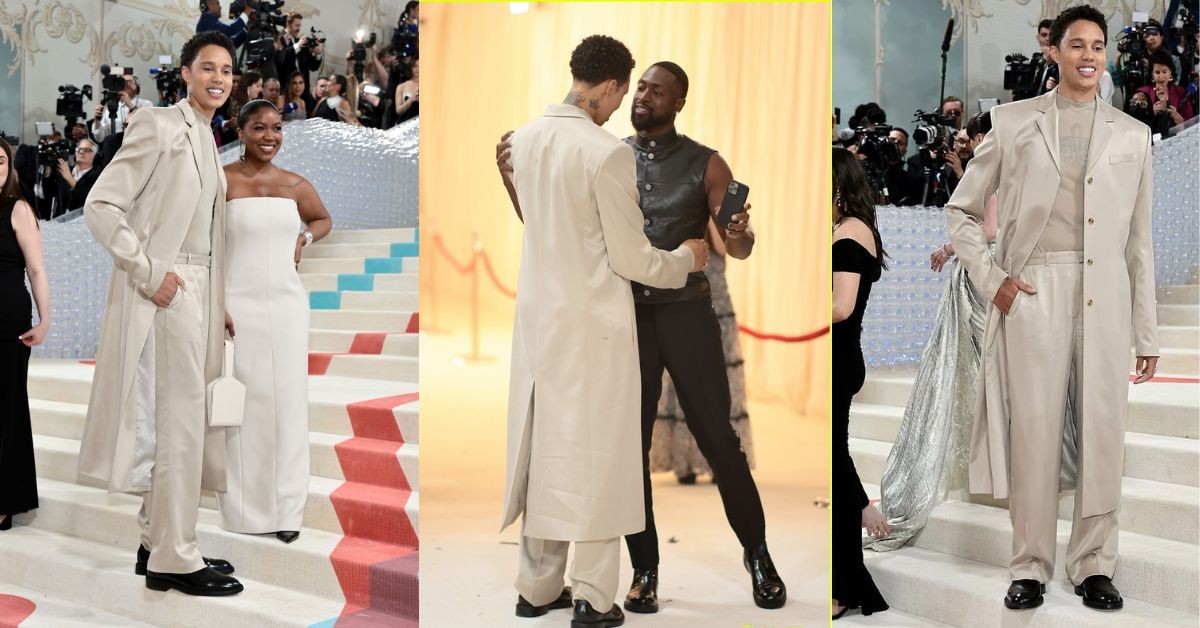 Brittney Griner posing with her wife Cherelle Griner (left), exchanging pleasantries with former NBA Star Dwayne Wade (Center), & posing for the media (right) at the MET Gala 2022 (Credits: Twitter)