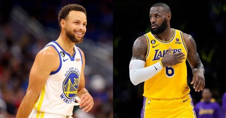 Los Angeles Lakers' LeBron James and Golden State Warriors' Stephen Curry on the court