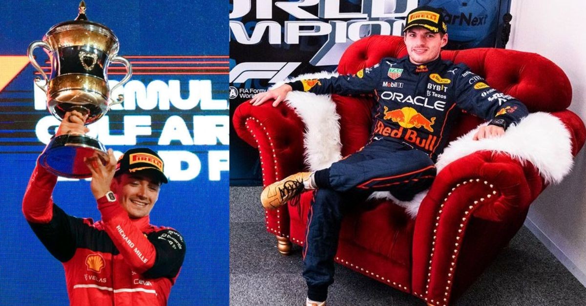 vCharles Leclerc after winning the Bahrain Grand Prix in 2022 (left) Max Verstappen after winning the 2022 World Driver's Championship in the Japanese Grand Prix (right) (Credits: News 18, F1i)