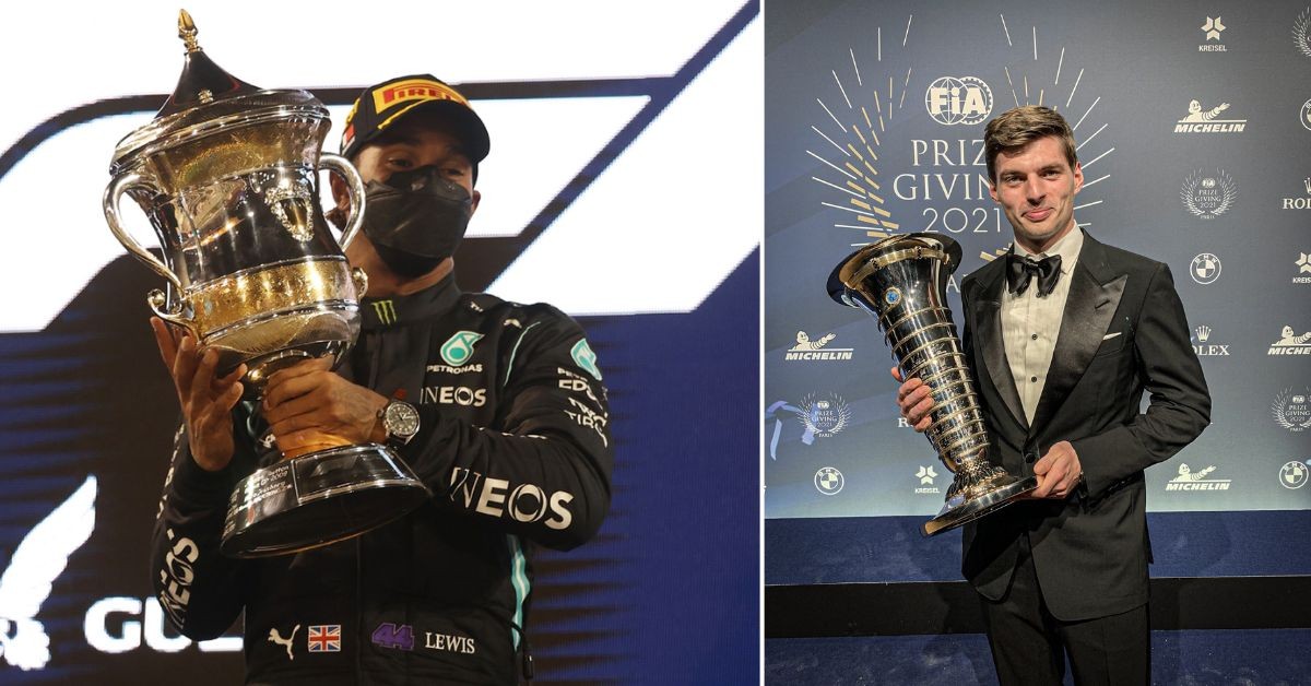 Lewis Hamilton winning the Bahrain Grand Prix in 2021 (left) Max Verstappen with the 2021 World Driver's Championship trophy (right) (Credits: ESPN F1 via Twitter, China Daily)