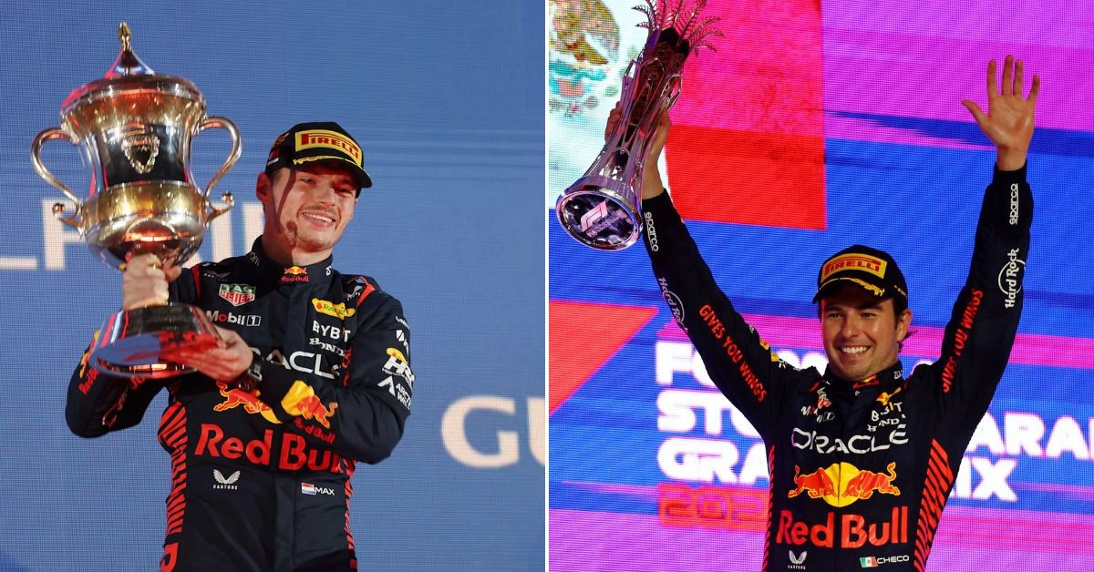 Max Verstappen winning the 2023 Bahrain Grand Prix (left), Sergio Perez winning the Saudi Arabian Grand Prix (right) (Credits: Red Bull, Daily Sabah)
