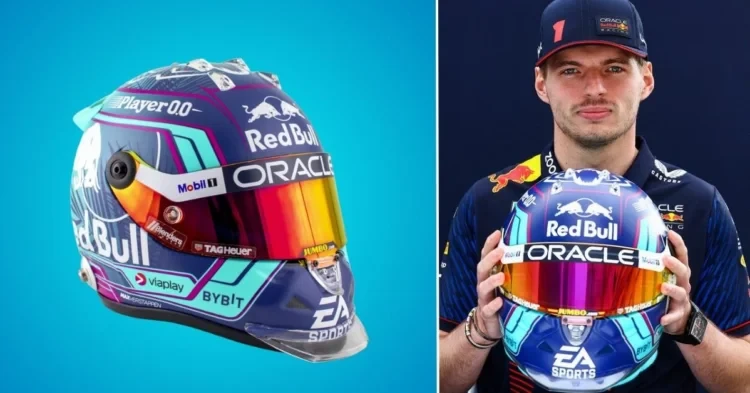Max Verstappen with his helmet for the 2023 Miami Grand Prix (Credits: Formula 1, Verstappen.com)