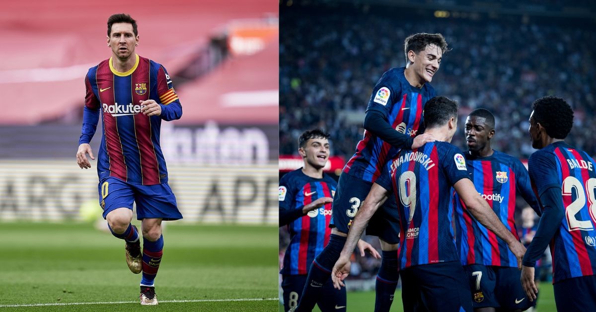 Lionel Messi (left) Barcelona team (right) (credits- NBC News, Twitter)
