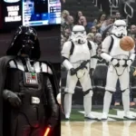 People in costumes during Star Wars Night in the NBA