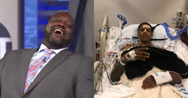Shaquille O'Neal laughing and Shareef O'Neal in a hospital