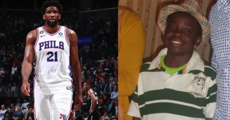 Joel Embiid on the court and an old photograph of his late brother Arthur Embiid