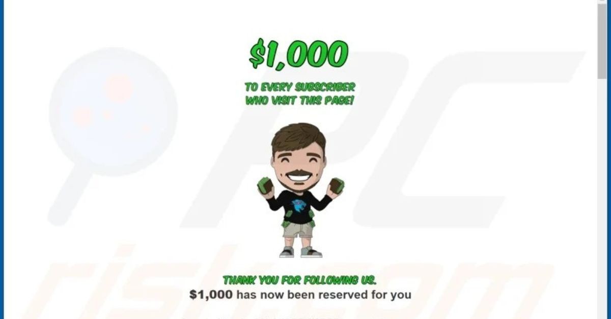 MrBeast 1000 dollars giveaway pop-up sometimes shows MrBeast's avatar. (Credits: PCRisk.com)