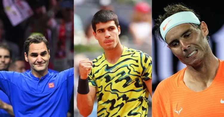 Roger Federer, Carlos Alcaraz, and Rafael Nadal (Credit: Eurosport)