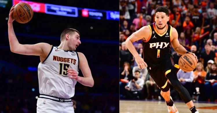 Phoenix Suns' Devin Booker and Denver Nuggets' Nikola Jokic on the court