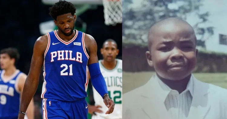 Joel Embiid on the court and his deceased younger brother Arthur Embiid