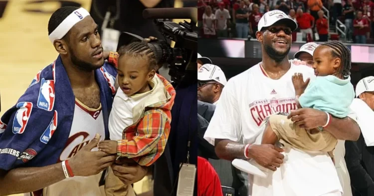 LeBron James holding his infant son Bronny James when on the court