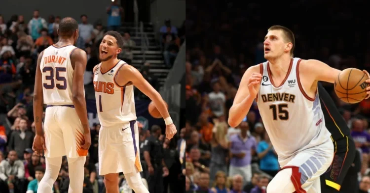 Phoenix Suns Kevin Durant and Devin Booker and Denver Nuggets Nikola Jokic