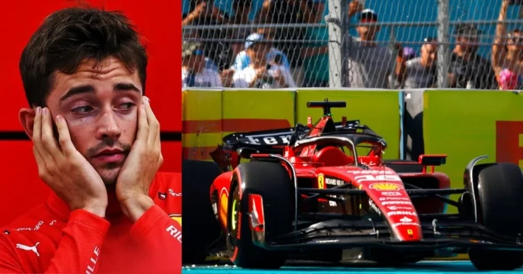 Charles Leclerc (left) The SF-23 after the Lecelrc's crash in Miami (Right) (Credits: Sky Sports, Formula 1 News UK)