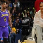 Tristan Thompson on the court and Kim Kardashian at the Lakers game