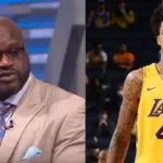 Shaquille O'Neal in a suit and Shareef O'Neal on the court