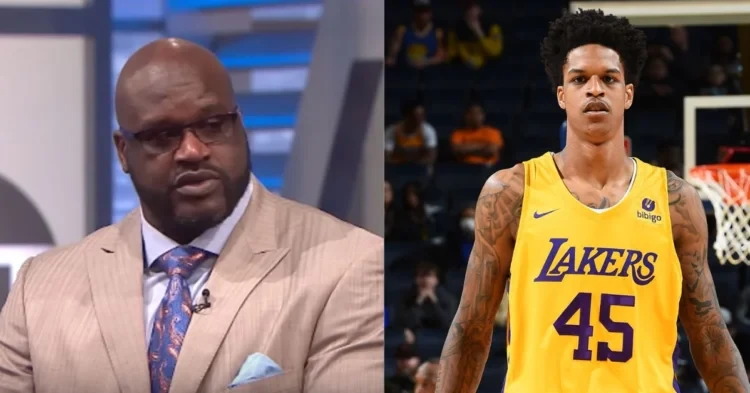 Shaquille O'Neal in a suit and Shareef O'Neal on the court