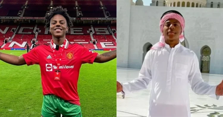 Collage of IShowSpeed wearing Manchester United shirt and traditional Arabic clothes.