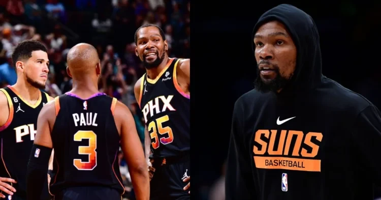 Phoenix Suns' forward Kevin Durant and his teammates Devin Booker and Chris Paul (Credits - Bleacher Report and AZCentral)