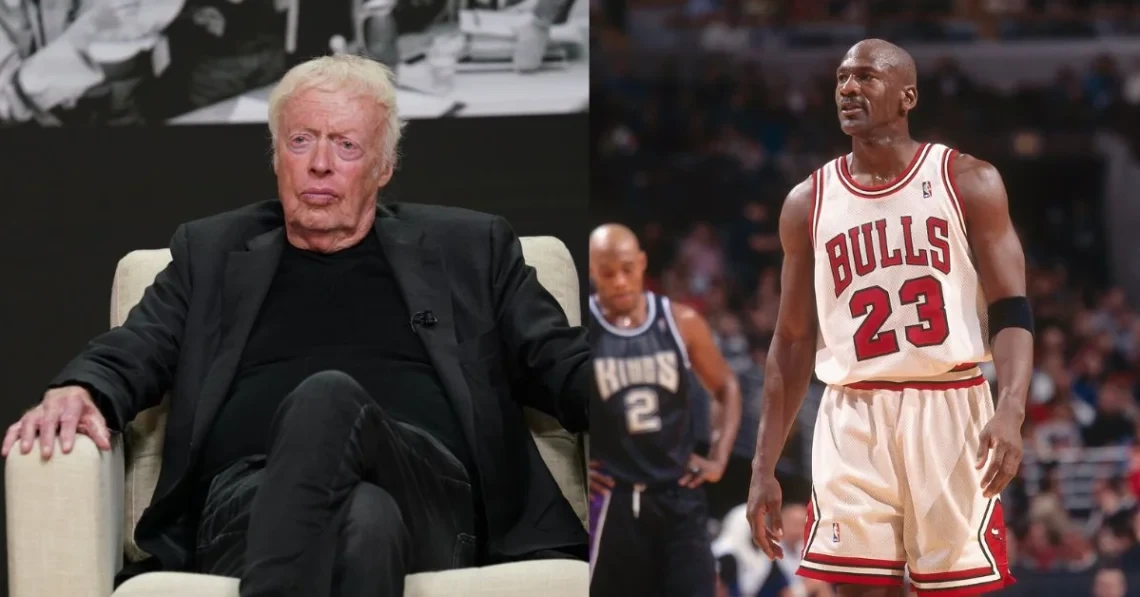 Former CEO of Nike Phil Knight and Michael Jordan on the court