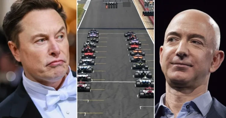 Elon Musk and Jeff Bezos considering buying the rights to Formula 1 (Credits: CNBC, GP Fans, Getty Images)