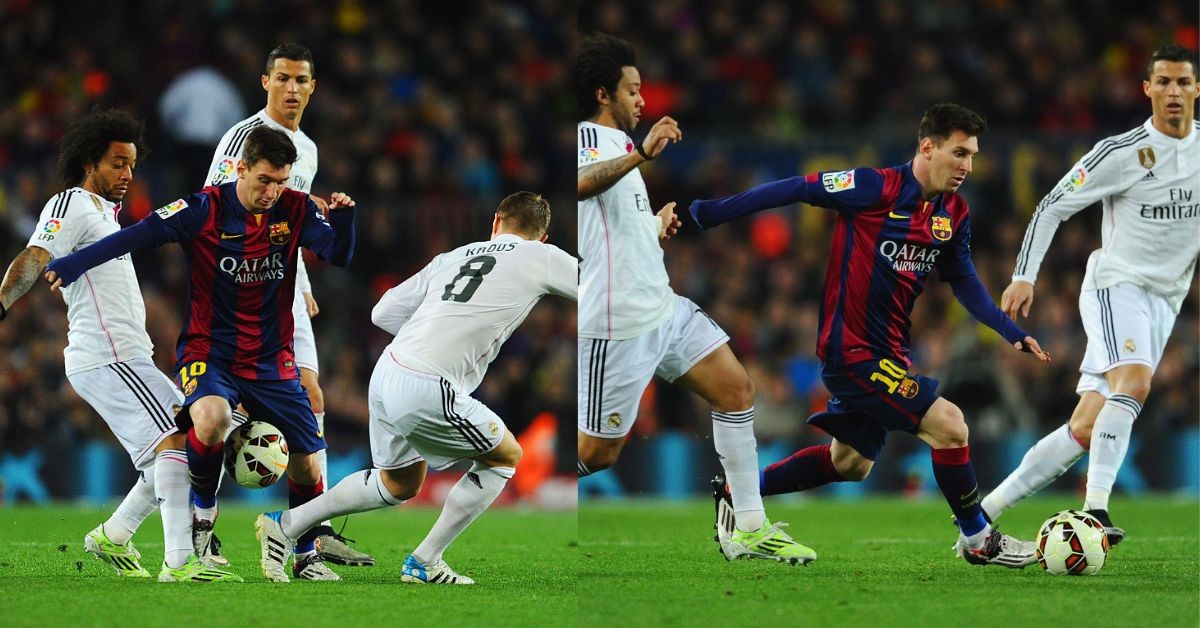 Cristiano Ronaldo and Marcelo against Lionel Messi (credits- The Sun)