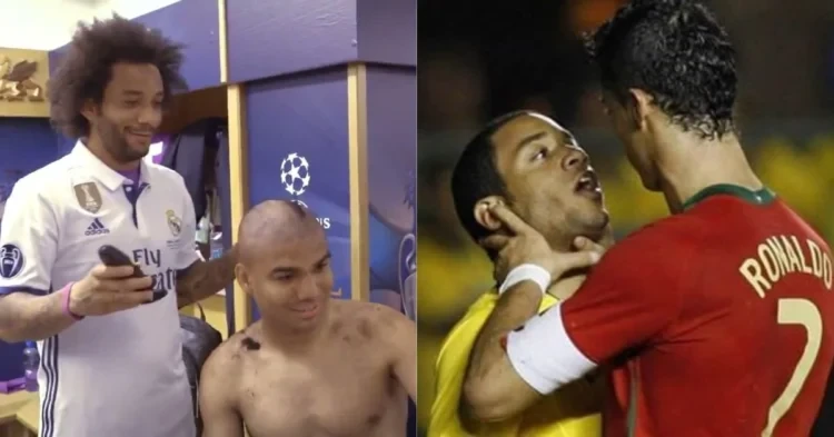 Marcelo with Casemiro (left) Marcelo against Ronaldo (right) (credits- Twitter)