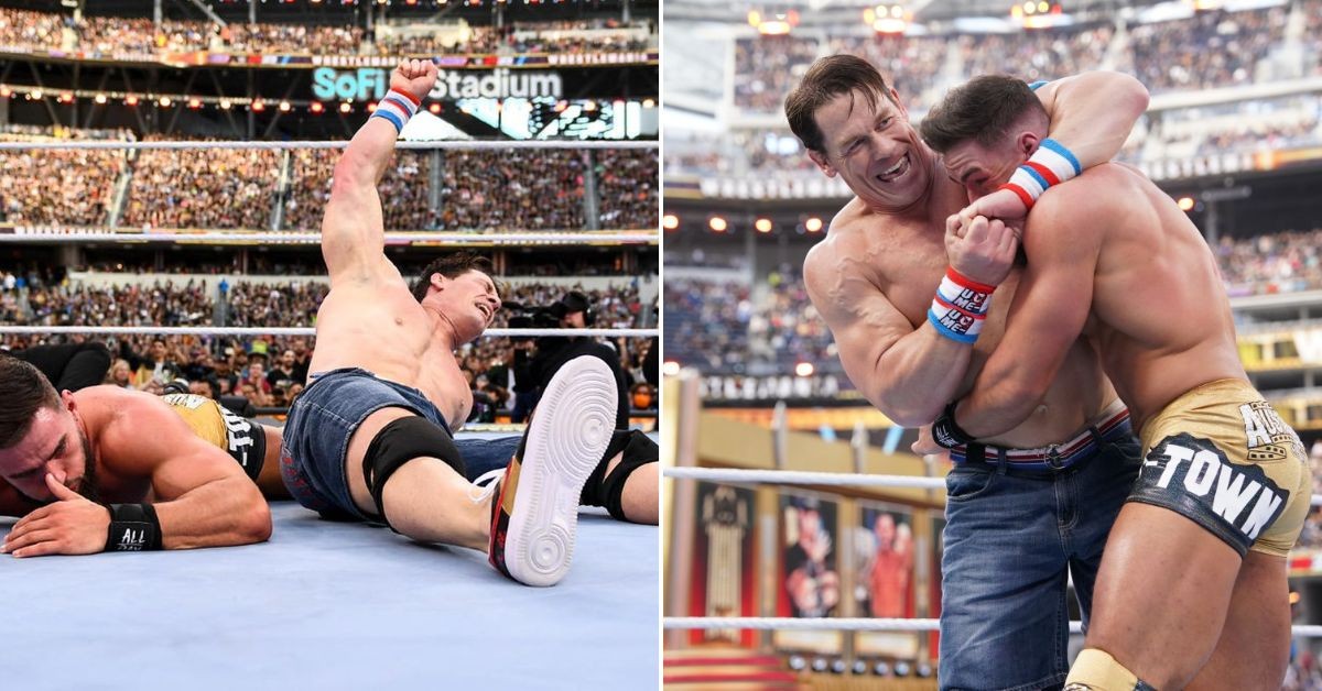 John Cena and Austin Theory at WrestleMania 39 for the US Title [Image Credits: WWE, Cageside Seats]