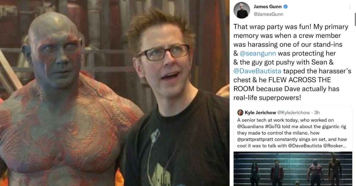James Gunn and Dave Bautista (R) and James Gunn's tweet