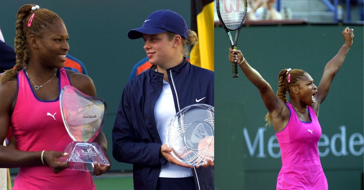 Serena Williams with the Indian Wells 2001 trophy with Kim