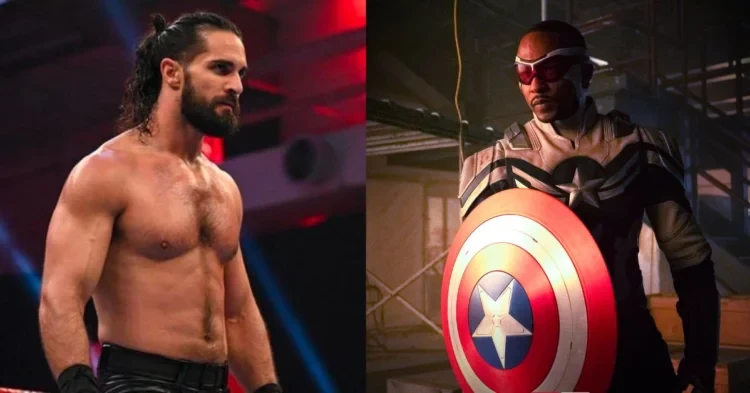 Seth Rollins (lett); Anthony Mackie as Captain America (right) (Credits: Wrestling Headlines and Twitter)