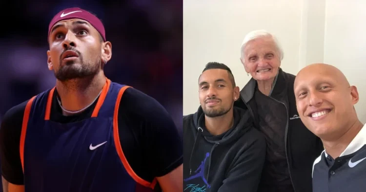 Nick Kyrgios (L) and Kyrgois with his brother and grandmother (R)