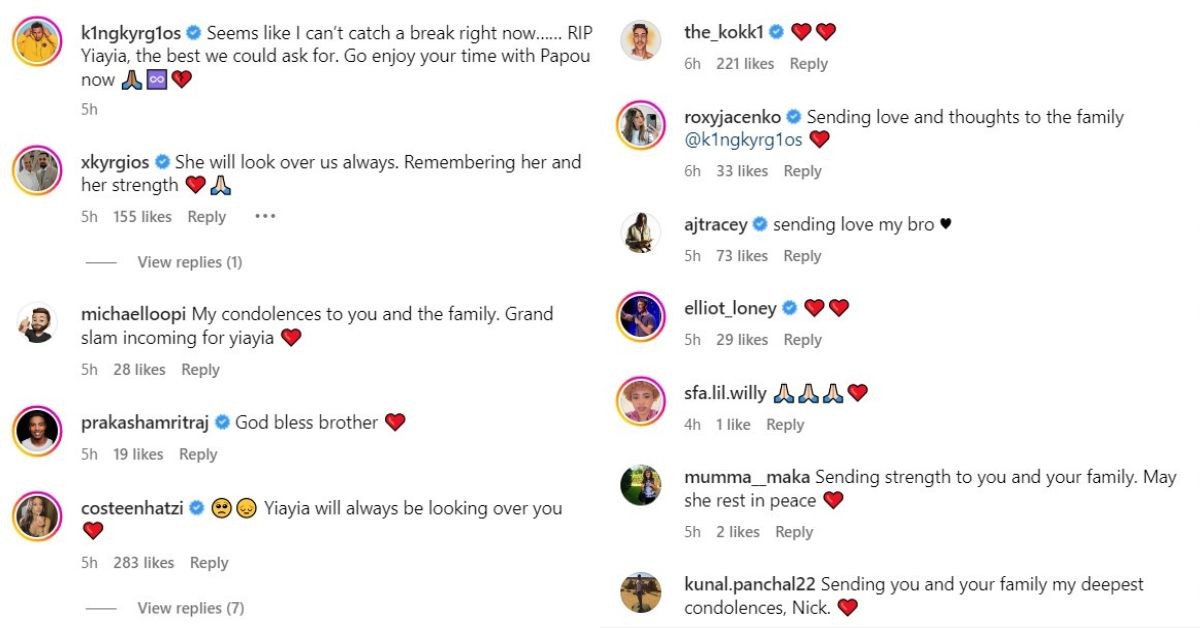 Reactions on Nick Kyrgios's post on Instagram