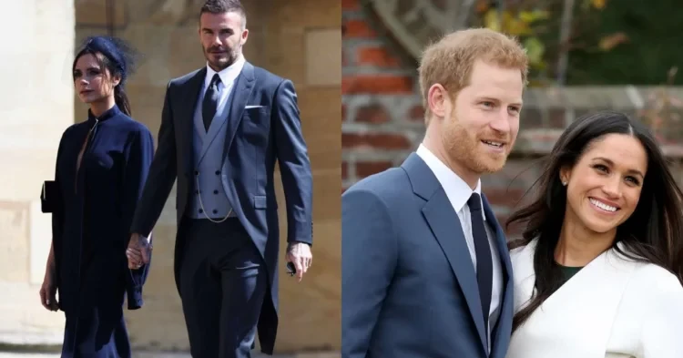 David Beckham with Victoria Beckham (left) Prince Harry with Meghan Markle (right) (credits- Brides, Glamour)