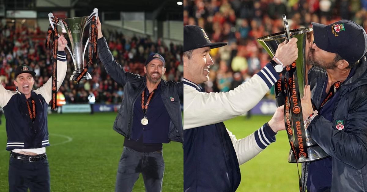 Ryan Reynolds and Rob McElhenny celebrating Wrexham's promotion to League Two (credit- ABC, The New York Times)