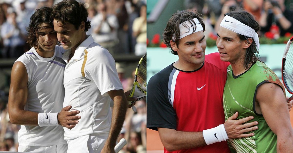 Rafael Nadal and Roger Federer at Wimbledon (L) and at Roland Garros (R)