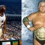 Shaquille O'Neal on the court and Dusty Rhodes with a wrestling belt