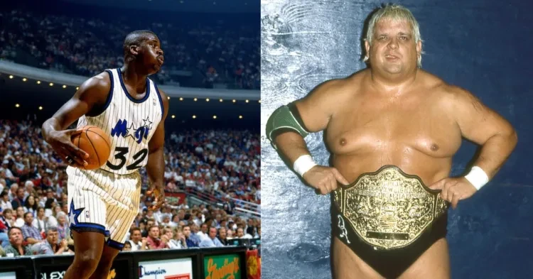 Shaquille O'Neal on the court and Dusty Rhodes with a wrestling belt