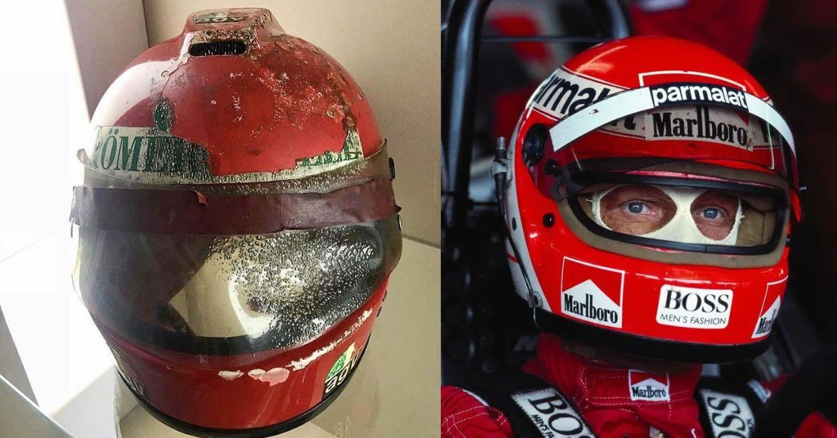 Niki Lauda's helmet had slipped off during the accident (Credits: Reddit, CM Helmets)